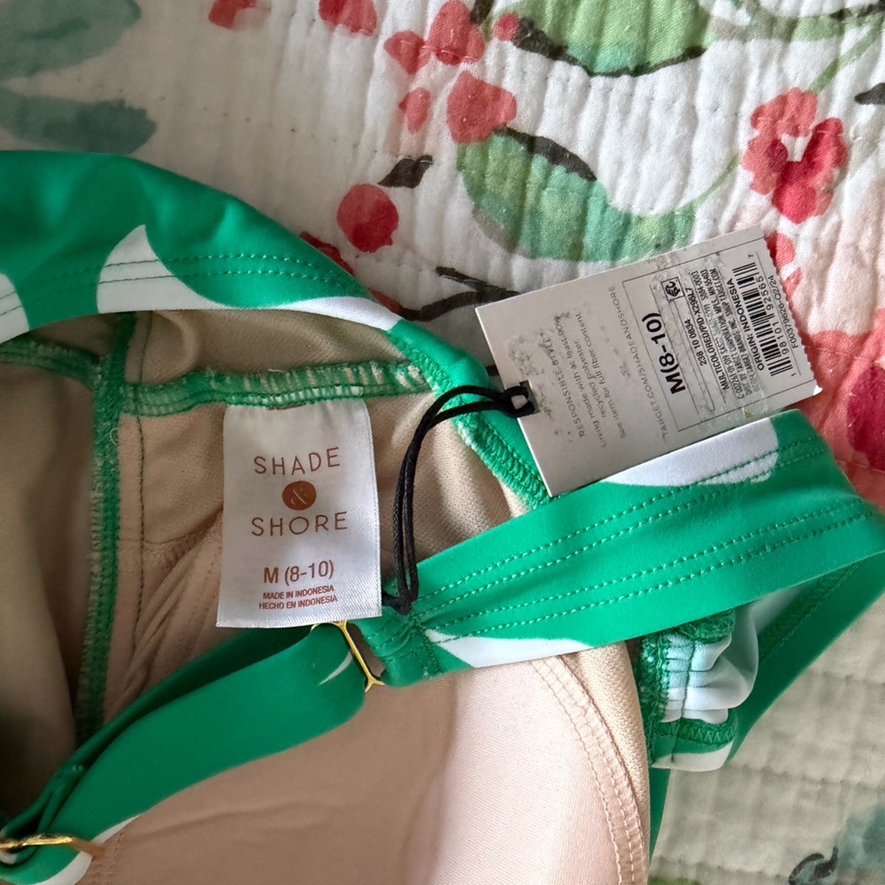 Shade shore one piece bathing suit in white and green with gold tone design - Picture 3 of 10